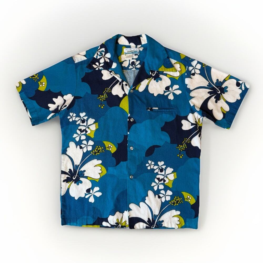 Vintage Pennys Hawaii Shirt Medium Multicolor 60s Floral Barkcloth Hawaiian